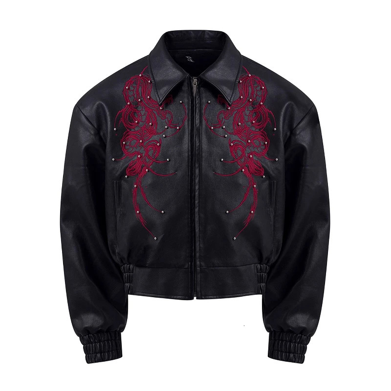 Thorn Embroidery Short Leather Jacket Men's Autumn Nail Bead Silhouette Jacket for Men's Motorcycle Leather Coat 261014