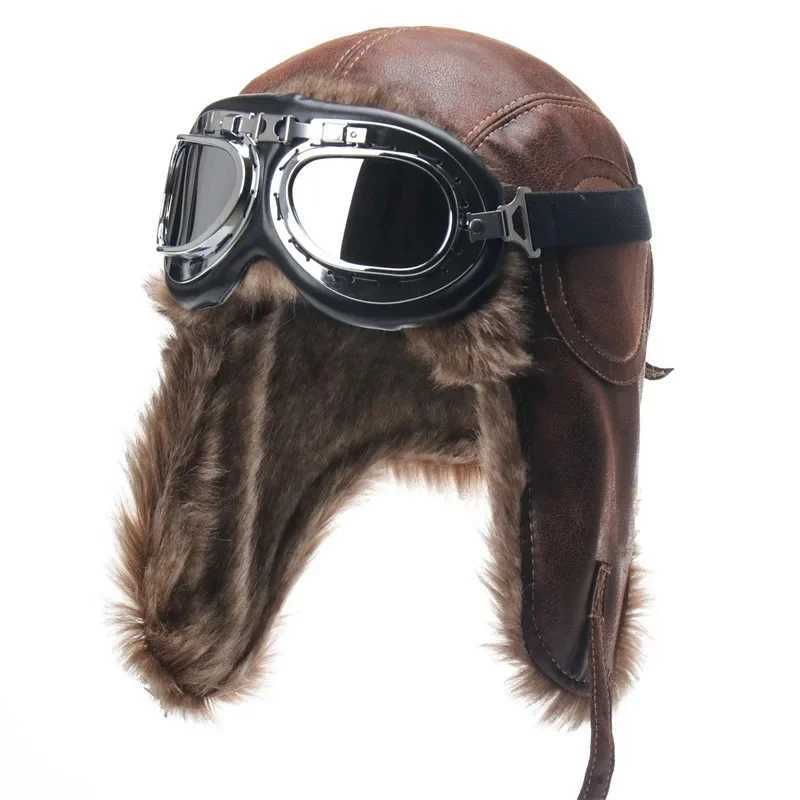 Trapper Hats Men Winter Bomber Hat With Goggles Outdoor Motorcycle Windproof Warm Faux Fur Pilot Earflap Hat Leather Thermal UshankaT261017