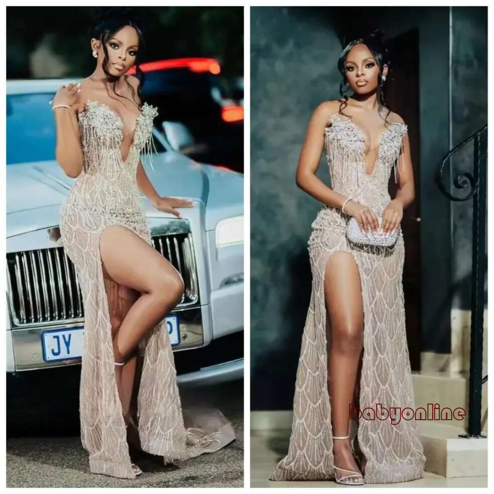 Luxury Champagne Sequined Evening Dresses Sexy V Neck Beaded Crystal High Slit Prom Dress For Black Girls Long Formal Party Gala Gowns Customized