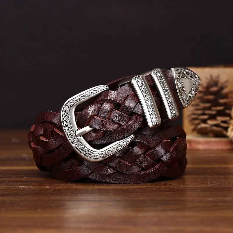 Cowhide High Quality Genuine 3.2CM Leather Belts for Men Women Hand Woven Belt Strap Male Pin Buckle Jeans Cowboy Cintos Luxury M261016
