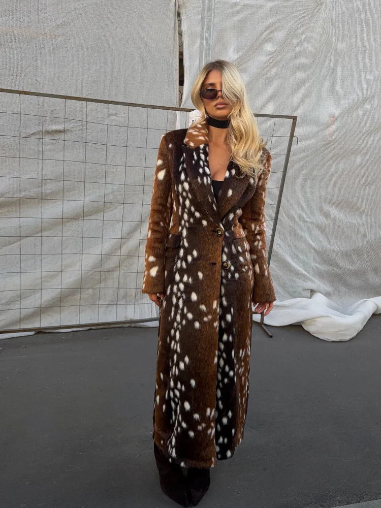 Vintage Deer Spot Faux Fur Long Coat Women Elegant Lapel Collar Single Breasted Maxi Outerwear 2026 Winter Warm Street Overcoats 261016