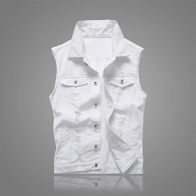 Summer Mens Ripped Denim Vest Male Tank Top Washed Jeans Waistcoat Man Retro Cowboy Hip Hop White Sleeveless Jacket 261015
