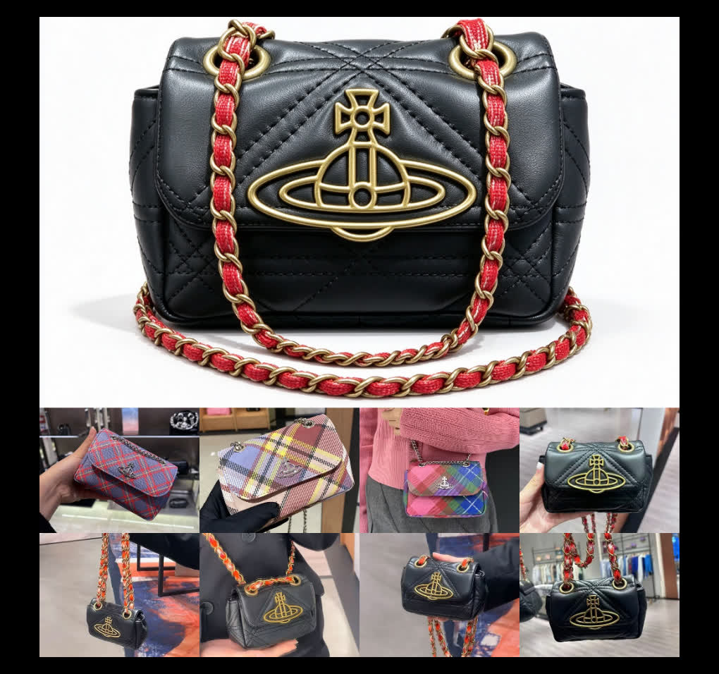 VW Mini Quilted Chain Bag Black Leather Womens Flap Crossbody Bag Vintage Saturn Logo Shoulder Purse
