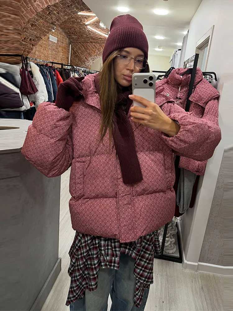 Women's Down Parkas Women All Over Print Hooded Puffer Jacket Loose Oversized Zip Up Winter Warm Coat Detachable 2026 Streetwear Casual Outerwe