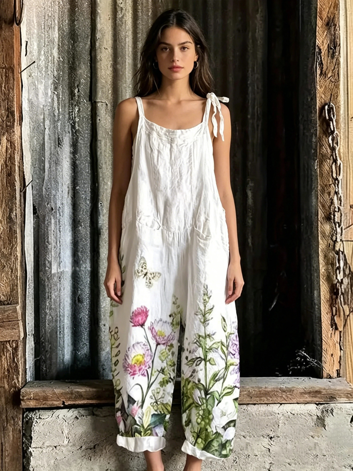 Summer Bohemian Floral White Daisy Print Baggy Jumpsuits Ladies Soft Cotton Linen Tie Strap Wide Leg Overalls Casual Daily Wear 261015
