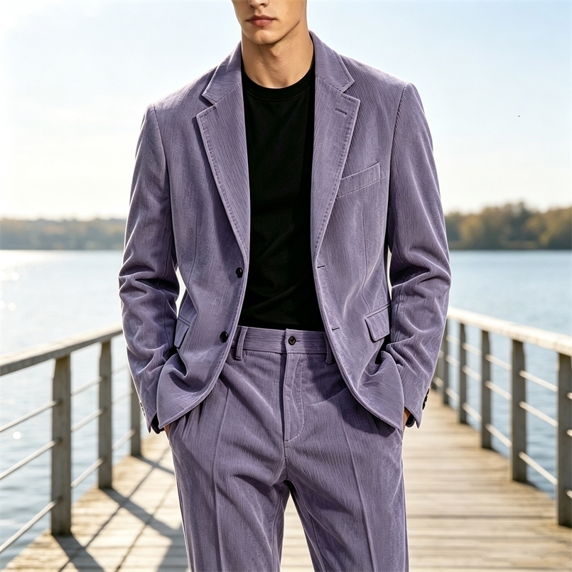Vintage Men's Corduroy Suit 2 Pieces Set Notched Lapel Blazer StraightLeg Pants Formal Business Casual Suit Jacket Trousers 260930