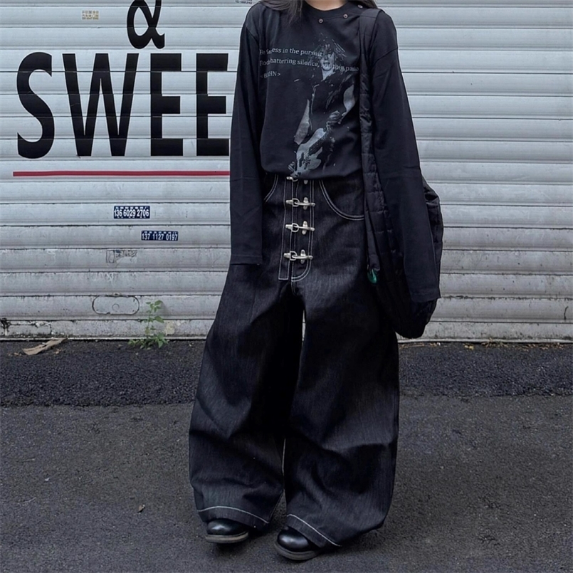 Womens Multi-button n Curved Wide-leg Jeans High Waist Straight Baggy Denim Pants Female Vintage Street Style Trouser 260930