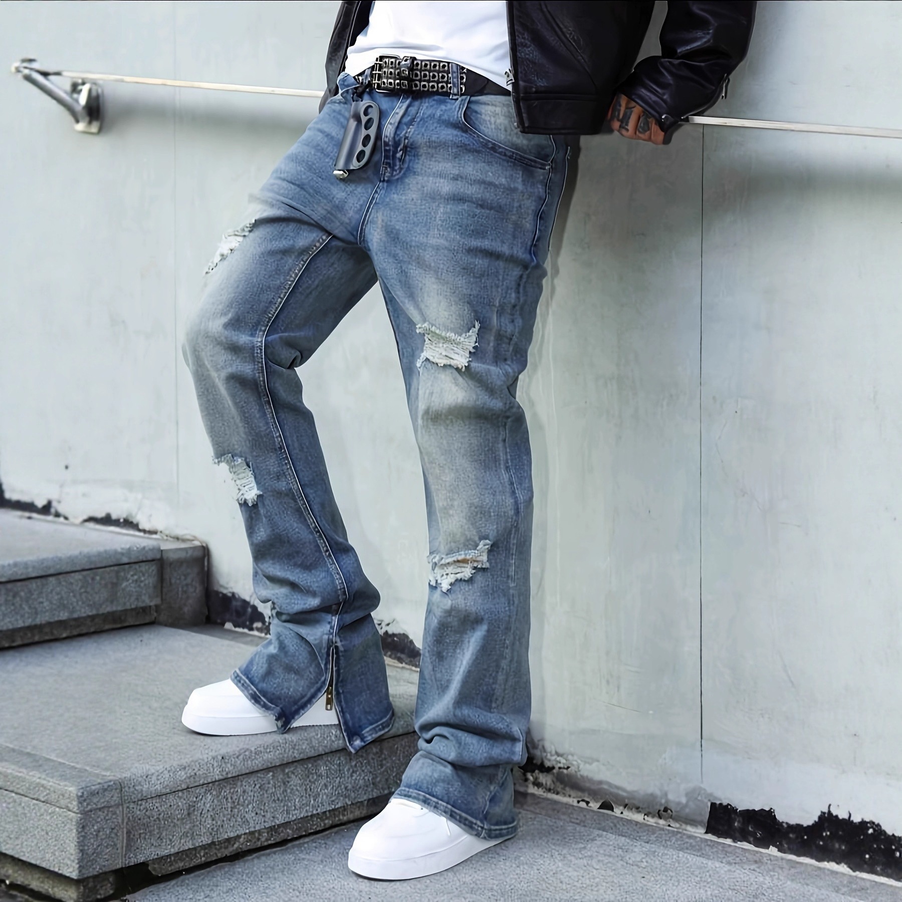Men Ripped Washed Jeans With Zipper Detail Denim Pants European American High Street Fashion Casual Street Style Daily Wear Versatile Long Trousers