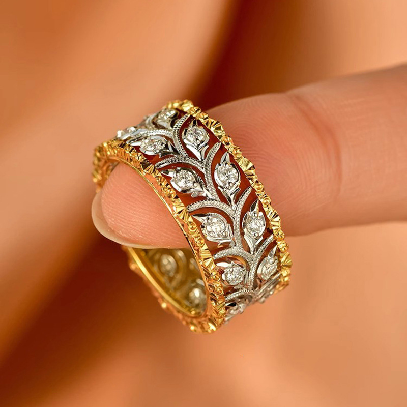 Huitan Foreign Trade Live-Streaming Metal Two-Tone Ring, Featuring Wheat Stalk And Leaf Designs, Exquisite Jewelry With Zircon Inlays, A High-End St