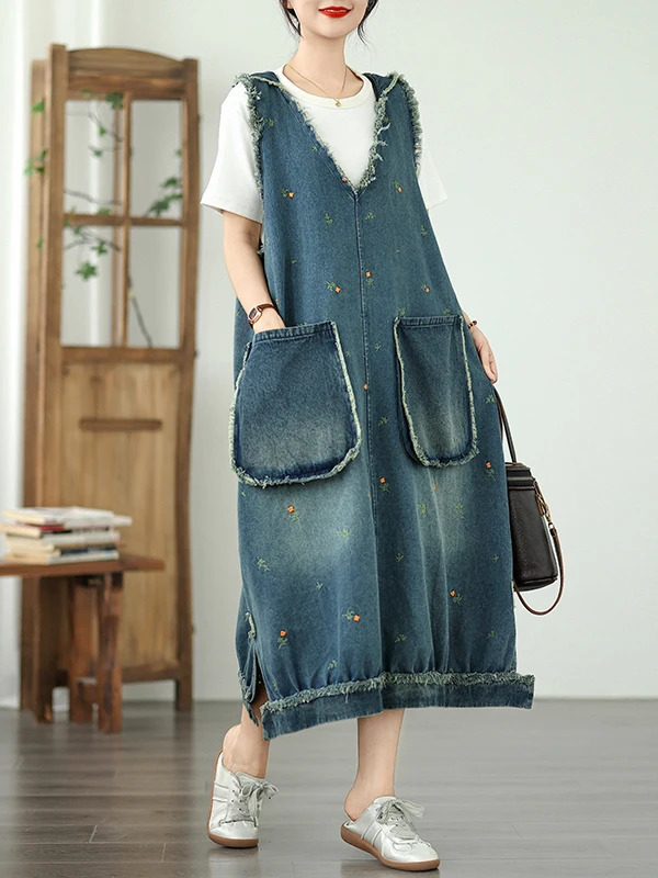 Embroidered Denim Vest Dres Summer Loose with Big Pockets VNeck ALine Midi Retro Style Casual Fashionable 261015