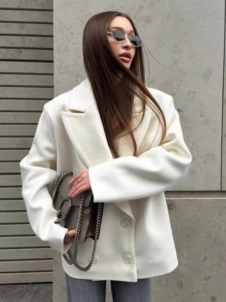 Fashionable Loose Pure Color Double Collar Long Sleeve Woolen Jacket Coat Women's Autumn Winter Outerwear Double Breasted 261016