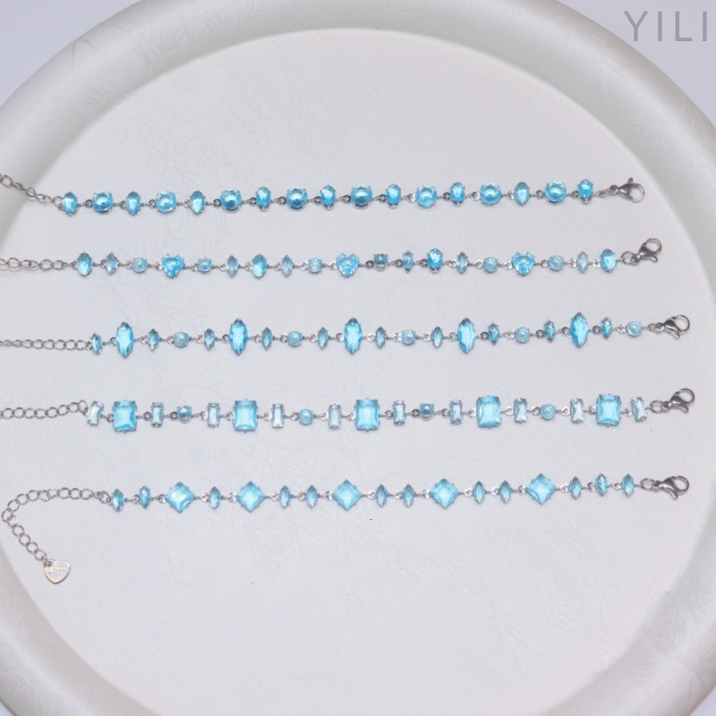 Blue-Toned, Full-Diamond Stainless Steel Zircon Bracelet, Elegant Jewelry, Electroplated, New Chinese Style, Light Luxury Bracelet