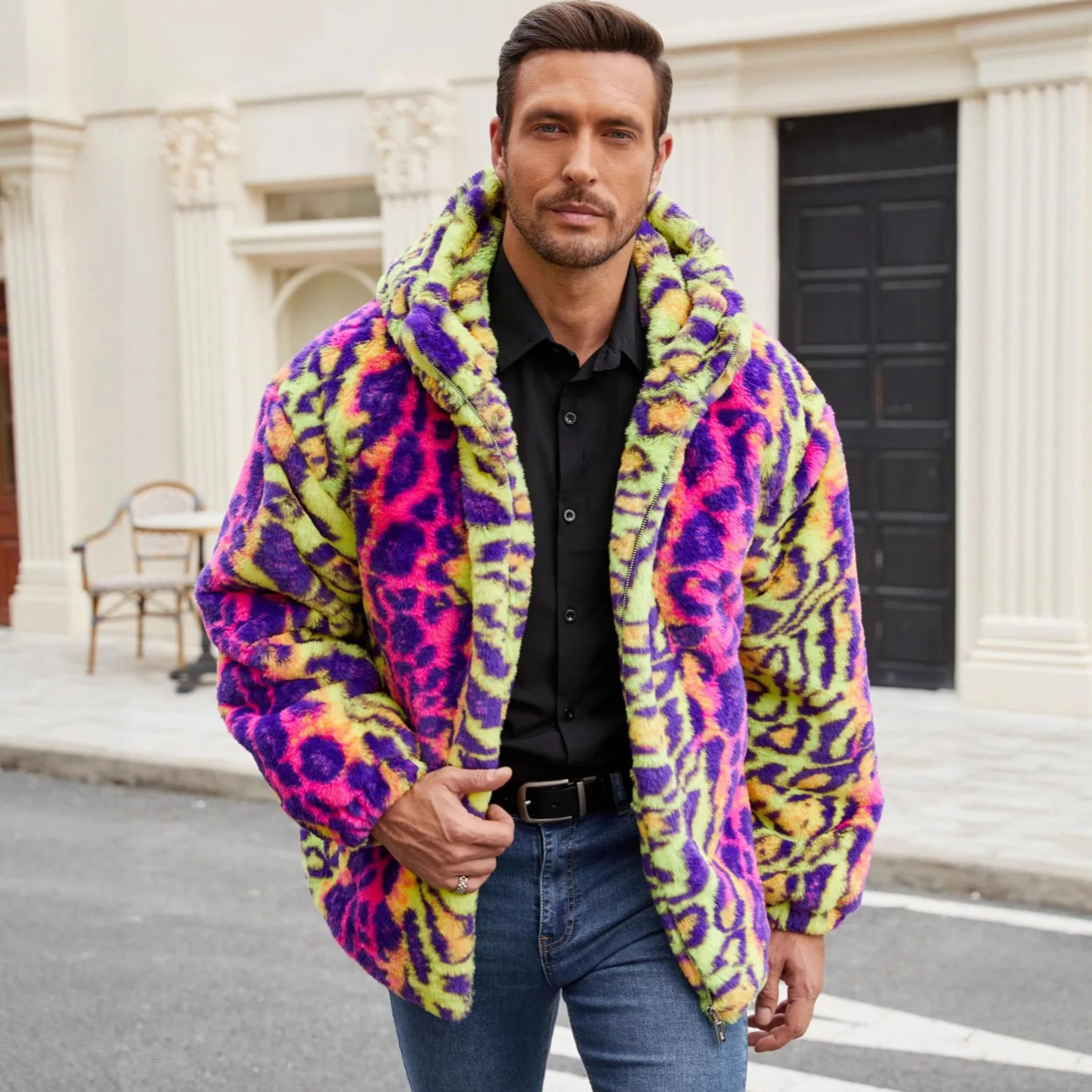 Autumn Winter Fashion Male Colorful Clothes Tops Men's Leopard Casual Trendy Loose Long Sleeve Thicken Hooded Faux Fur Coats 261008