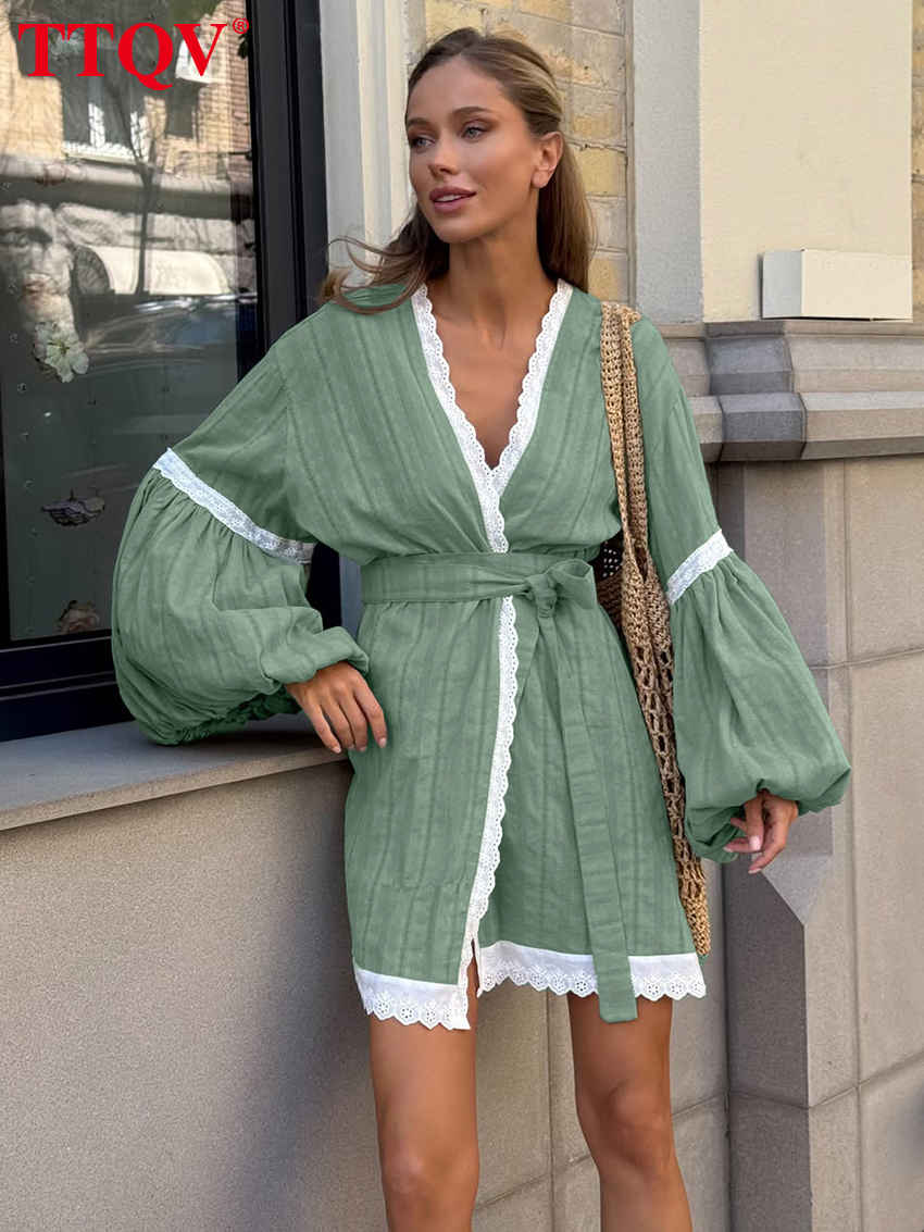 Fashion Loose Green Cotton Women's 2026 Casual V-Neck Puff Sleeve Mini Dresses Elegant Classic Lace-Up Female Dress
