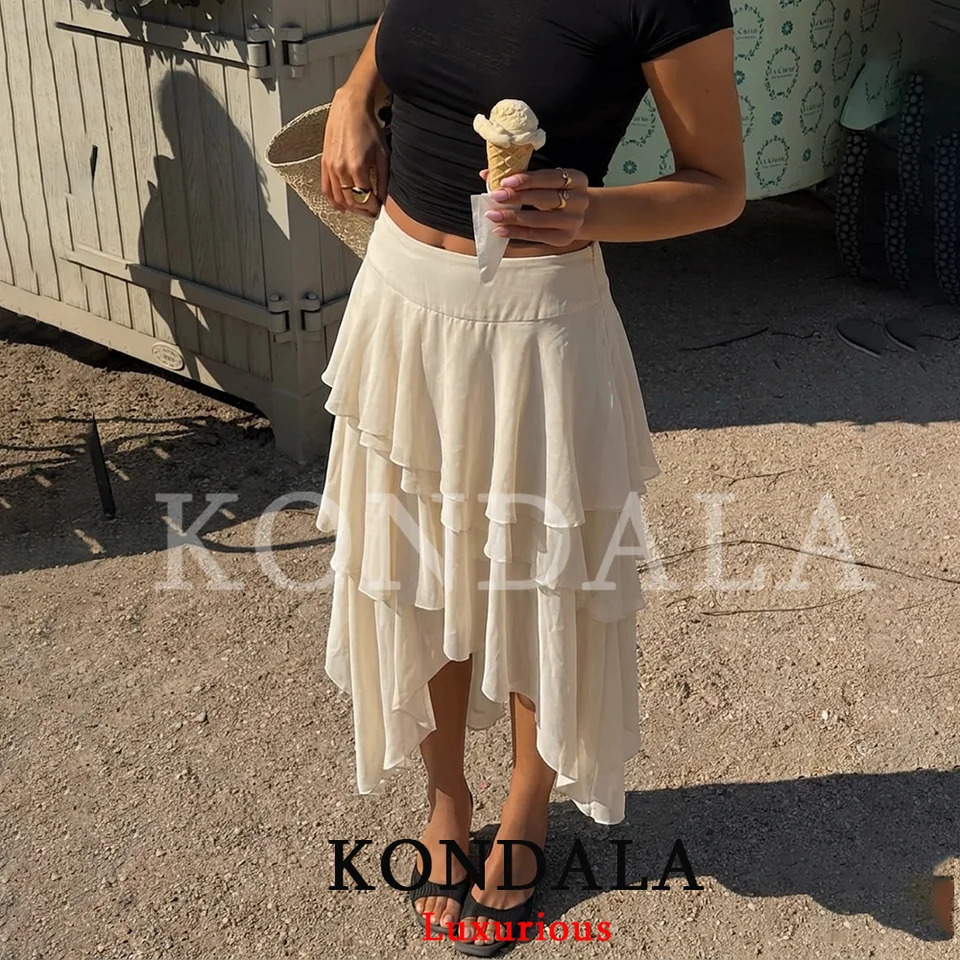 KONDALA Holiday Chic Ruffles Long Skirt Mid Waist Zipper Irregular Fashion 2026 Spring Summer Vacation Beach Skirt 261015