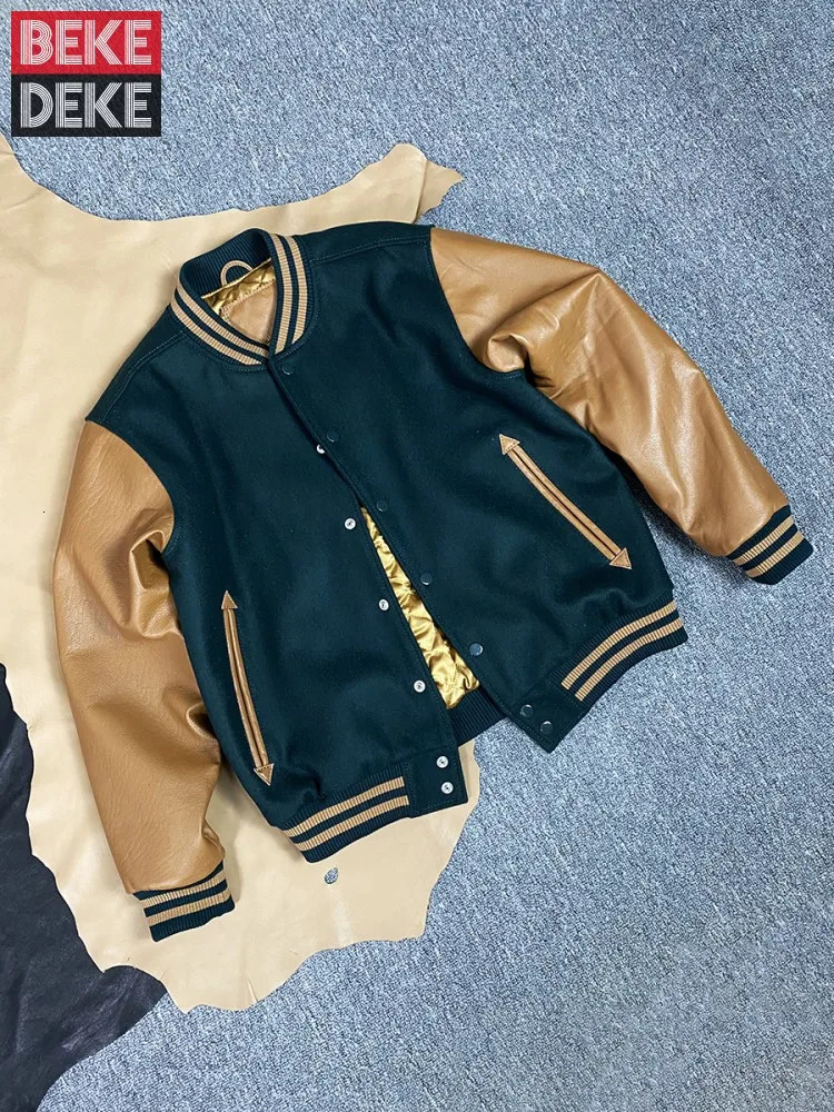 Mens Retro Autumn Winter Natural Sheepskin Patchwork Baseball Jacket Stand Collar Single Breasted Loose Fit Casual Outerwear 261016