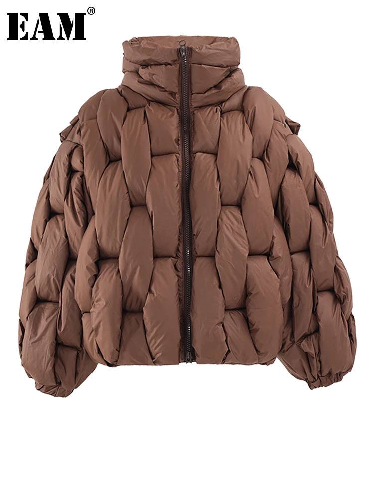 EAM Brown Thick Big Size Keep Warm Cottonpadded Coat Long Sleeve Women Parkas Fashion tides Autumn Winter 2026 CP3464 261016