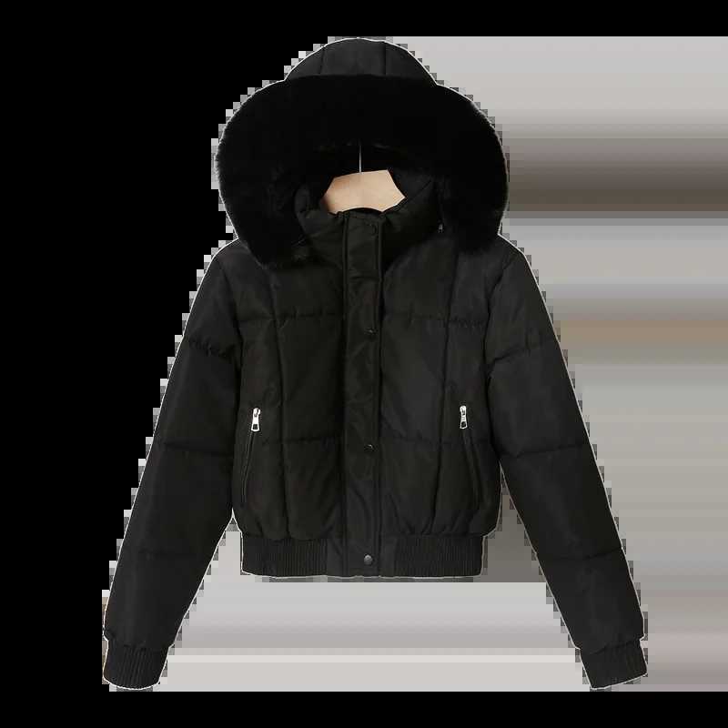Women's Down Parkas Women's Winter Coats 2026 Black Cropped Puffer Jacket Faux Fur Hood Winter Warm Bomber Coat Zip Pocket Cotton Padded P