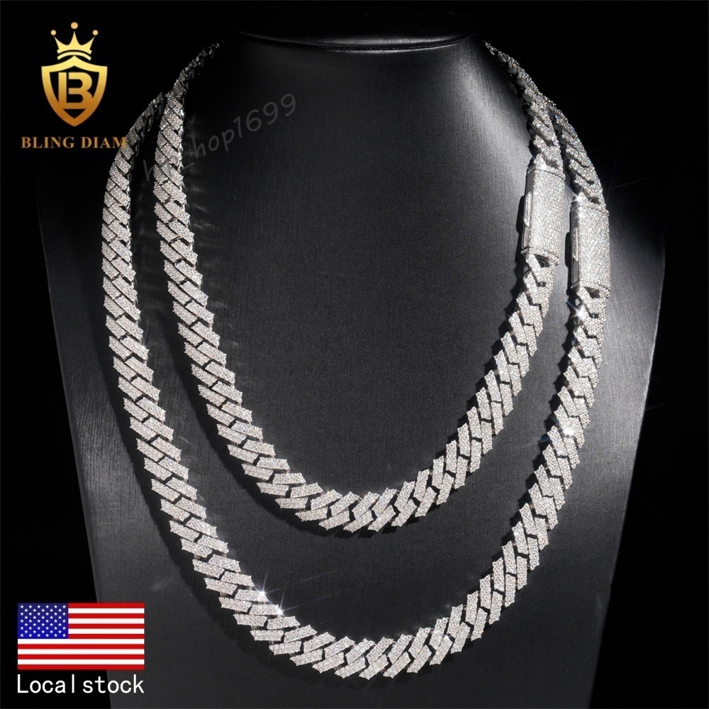 12mm 2 Row 925 Sterling Silver Moissanite Pave Cuban Link Chain Necklace for Men Women GRA Certified US Stock