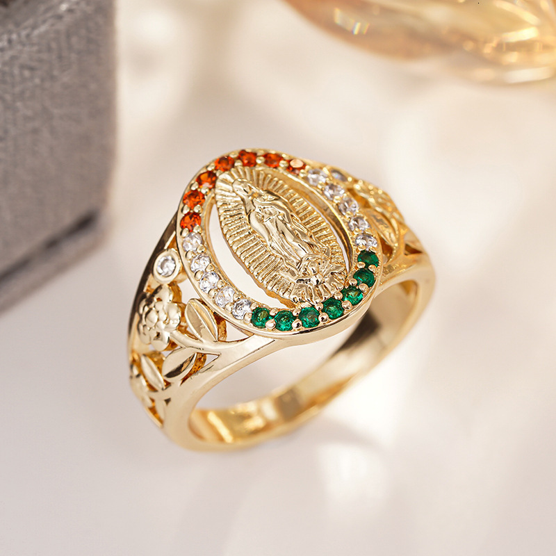 Huitan Goddess Statue Metal Flower Ring For Women, Colorful Cubic Zirconia Oval Accent, Old Money Style, Temu Export Bestseller