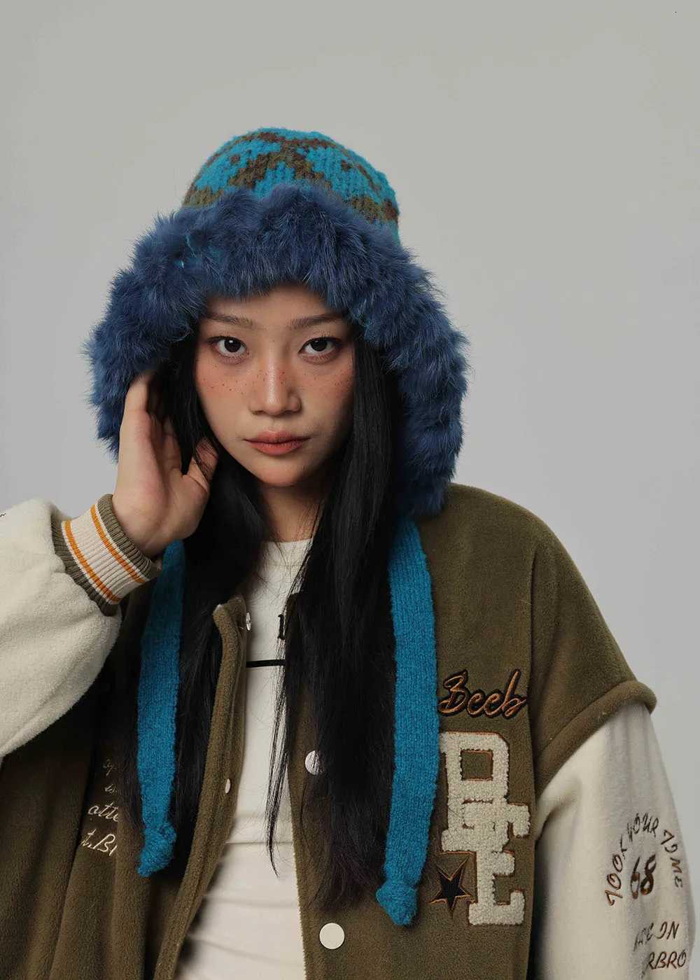 Beanie/Skull Caps 2024 rabbit fur Winter Balaclava Hats For Men Women Unisex Knitted Hooded Caps Outdoor Warmer Drawstring Hats Beanies Cap Q261017