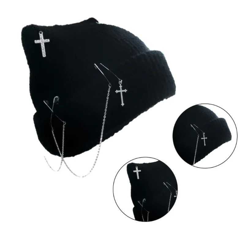 Beanie/Skull Caps Winter Harajuku Gothic Lolita Knitted Cat Ear Hat Y2K Girl Crochet Punk Design Beanie Hat Fashion Knitted Cap Clothe Accessories Q