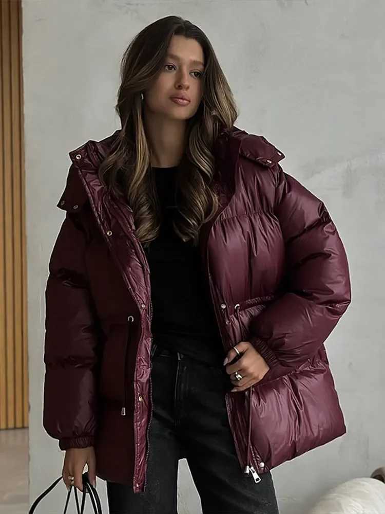 Women's Down Parkas Women Loose Puffer Jacket Solid Color Quilted Water Resistant Coat Drawstring Zipper Warm Outerwear for Fall Winter Daily W