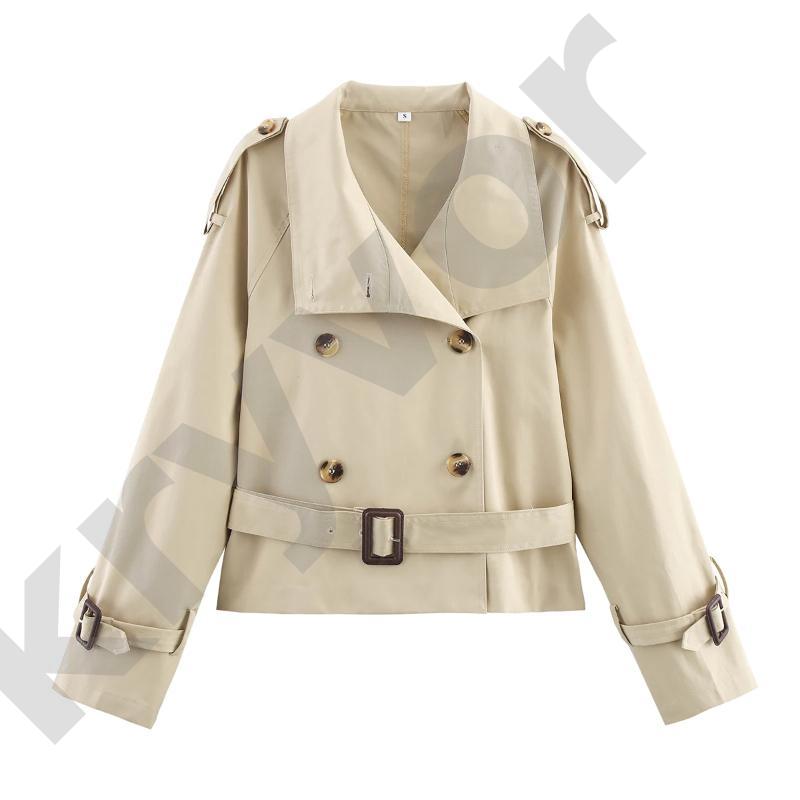 Trench-Coat court pour femmes, col à revers, conception à double boutonnage, ceinture de taille et bandoulière, manches longues, veste d'extérieu