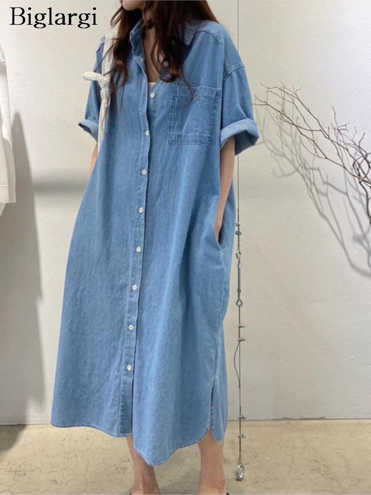 Korean Style Denim Shirt Dress For Women 2026 Casual Loose Long Woman Vintage Short Sleeve Ladies Dresses 261015
