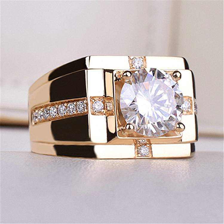 Classic Carbon High Simulation Men's Diamond Imitation Moissanite Gold Plated Dominant Wedding Ring Wholesale