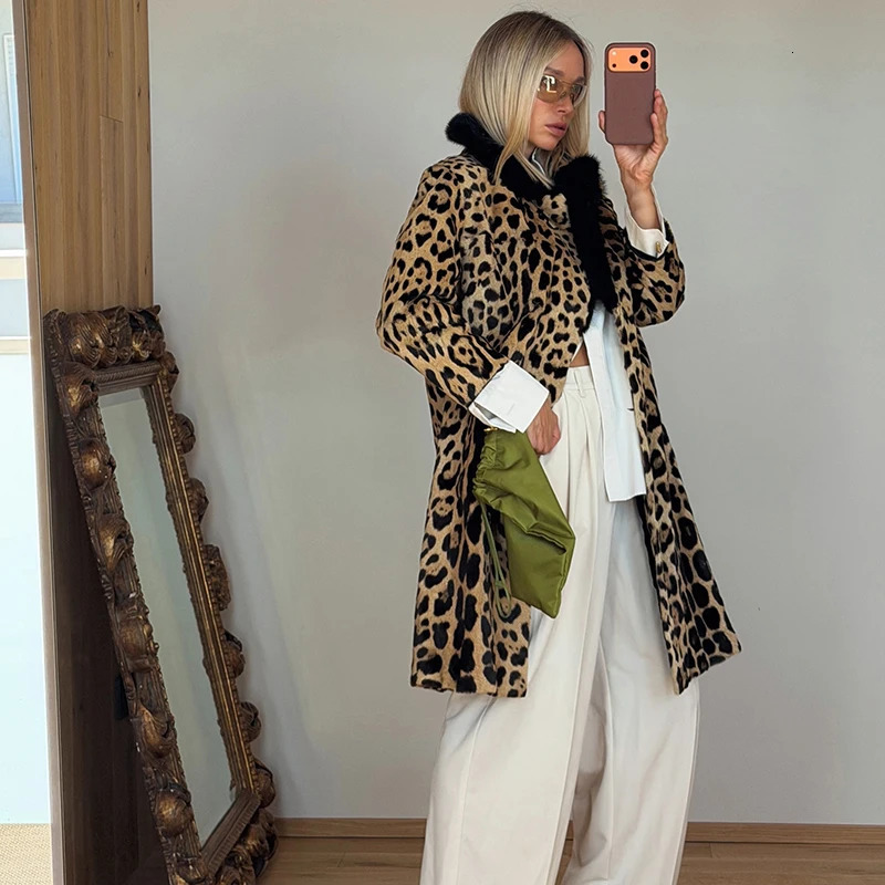 Vintage Leopard Print Coat Women Faux Fur Trim Collar Long Sleeve Loose Midlength Warm Jacket Club Street Ladies Outerwear 261016