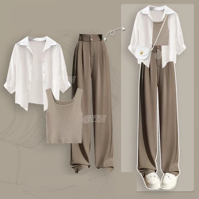 Women Spring Summer Chic Tracksuit Matching Set Korean Elegant Casual Sunscreen ShirtVest3 Piece Suit Pants 3-Piece Suits 261016