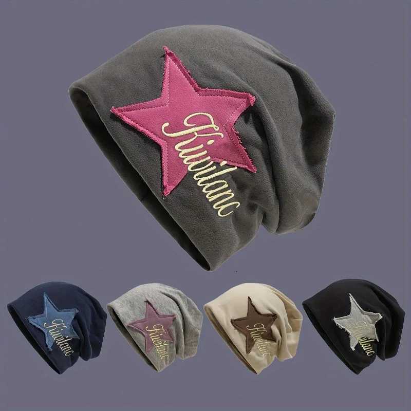 Beanie/Skull Caps Y2K Star Patch Slouchy Beanie Hat Women Vintage Letter Embroidery Thin Skullcap Casual Streetwear Lazy Bonnet Hat for Daily WearT2