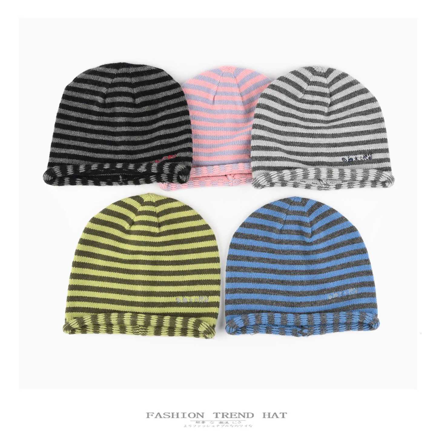 Beanie/Skull Caps Korean Style Striped Knit Beanie Unisex Oversized Large Head Size Pullover Hat Faceslimming Warm Winter Skullcap for Men WomenT261