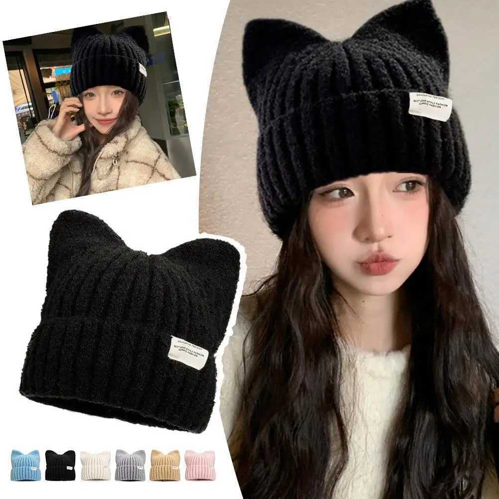 Beanie/Skull Caps Cute Cat Ears Cap Autumn Sweet Thickened Knitted Hats And Winter Warm Ear Protection Outdoor Windproof Warm Beanies Hat Q261017