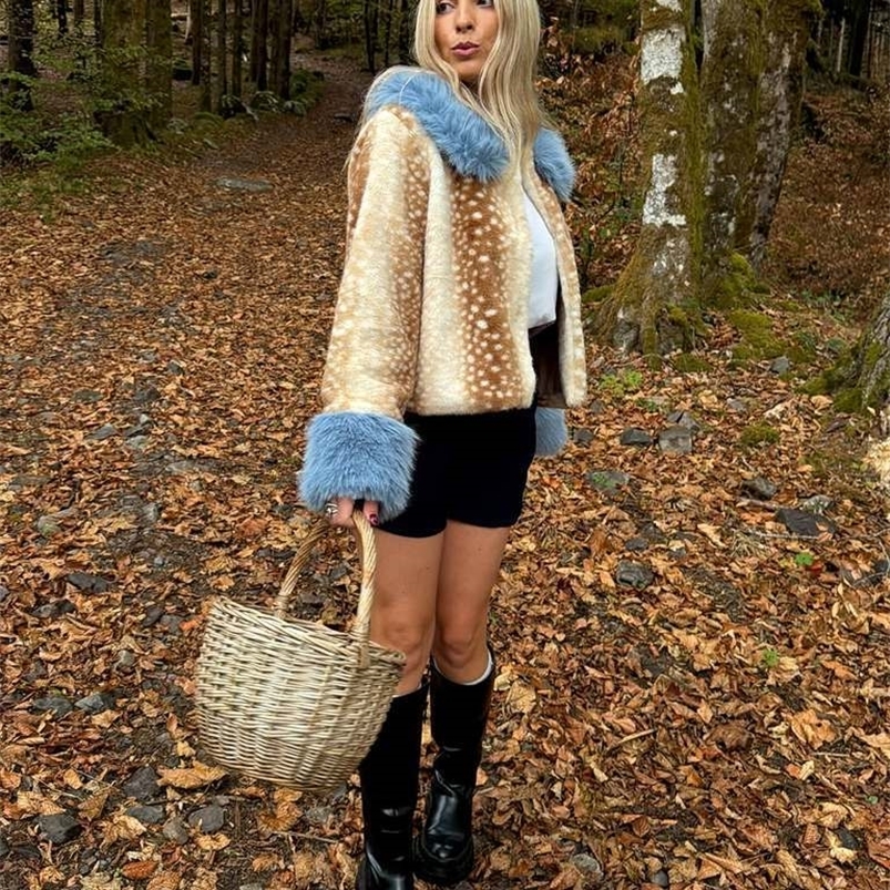 Bambis Spots Fluffy Fleece Blue Fur Collar Cuff Short Jackets Elegant Long Sleeve Coats 2026 Autumn Daily Street Chic Outerwear 261016