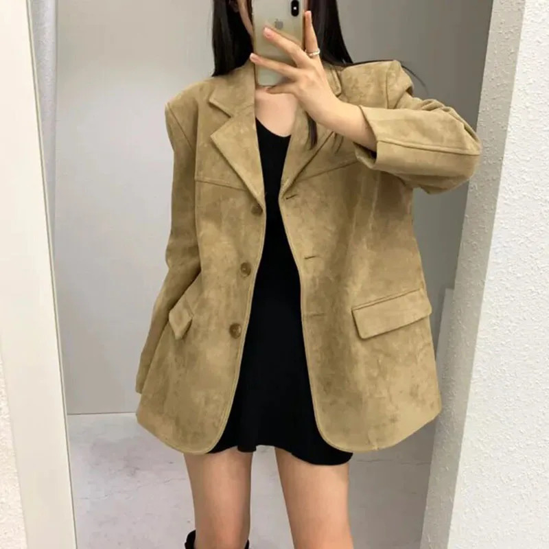Vintage Suede Autumn Winter Jacket Female Streetwear Loose Long Sleeve Lapel Outerwear Fashion with Shoulder Pad Suit Coat 261015