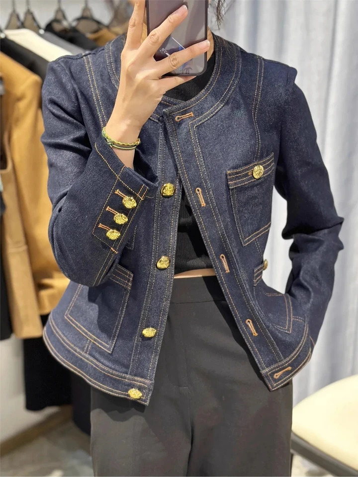 HighEnd Denim Short Jacket For Women Contrast Color Bright Line Gold Buttons Denim Coat Spring Autumn Women Denim Coat 261016