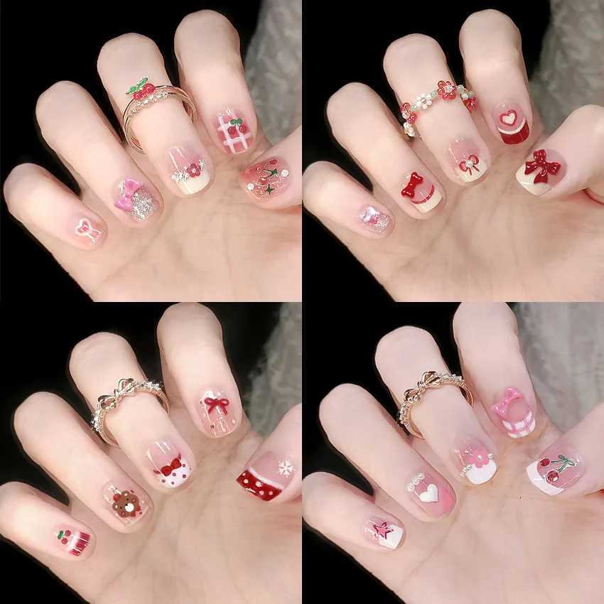 False Nails 24pcs Bowknots Love Heart Pattern Press On Nails Cute Fresh Short Round French Style False Nails Korean Sweet Wearable Fake Nail Q261017