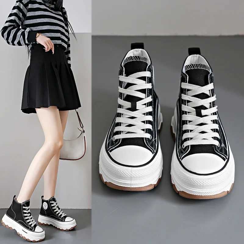 Casual Shoes 2024 New Women High Top Sneakers Lace-Up Casual Plarform Height Canvas Non-slip Wear Resistant Spring Female Vulcanize Shoes H261016