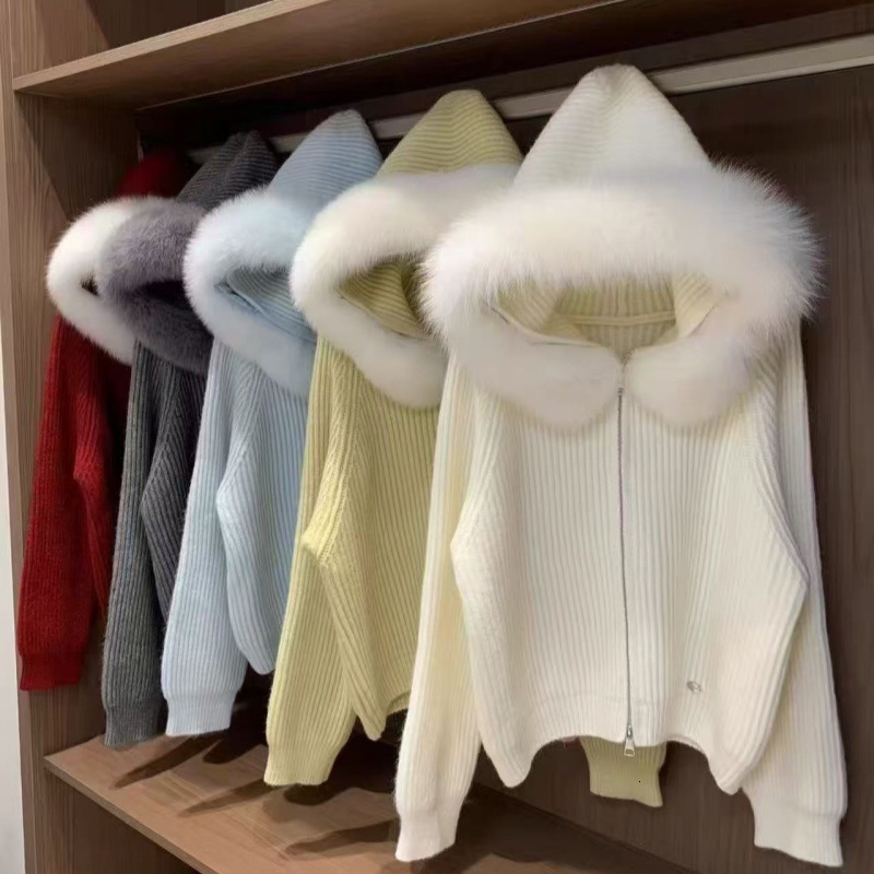 detachable large hooded fur collar knitted cardigan 2026 autumn and winter new design women's soft and fluffy sweater coat