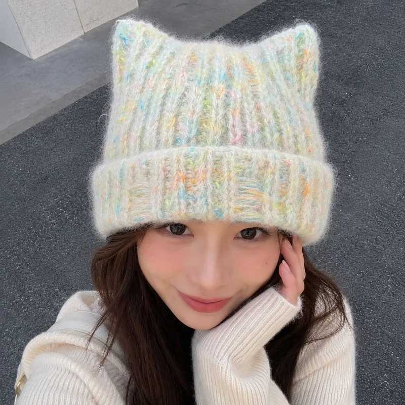 Beanie/Skull Caps 2026 Fall Winter Cat Ears Knit Beanie Women Faux Cashmere Cute Slouchy Skull Cap Warm VersatileT261017