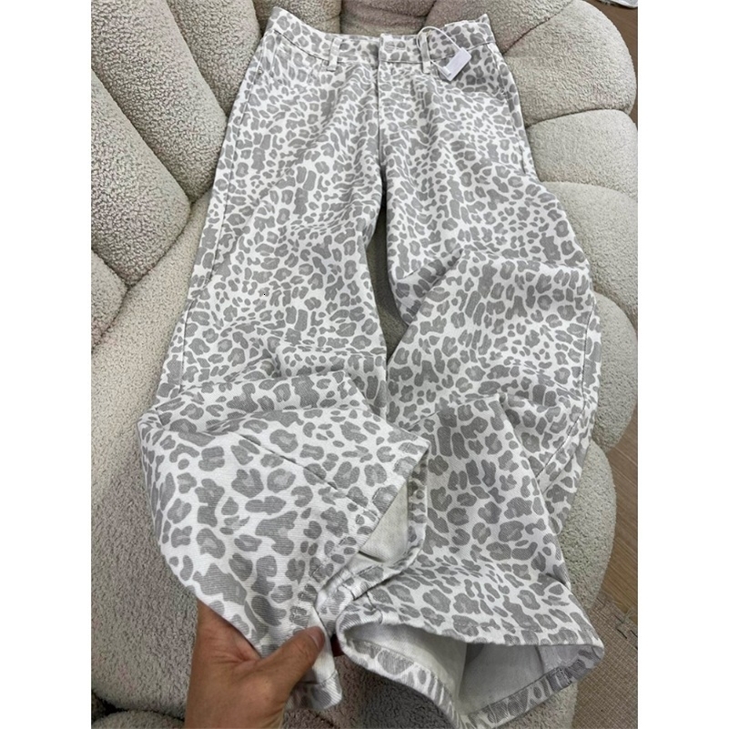 Women's Leopard Print Jeans Retro American Style High Waist Loose Wide Leg Casual Streetwear Floor-Length Denim Pants 261016