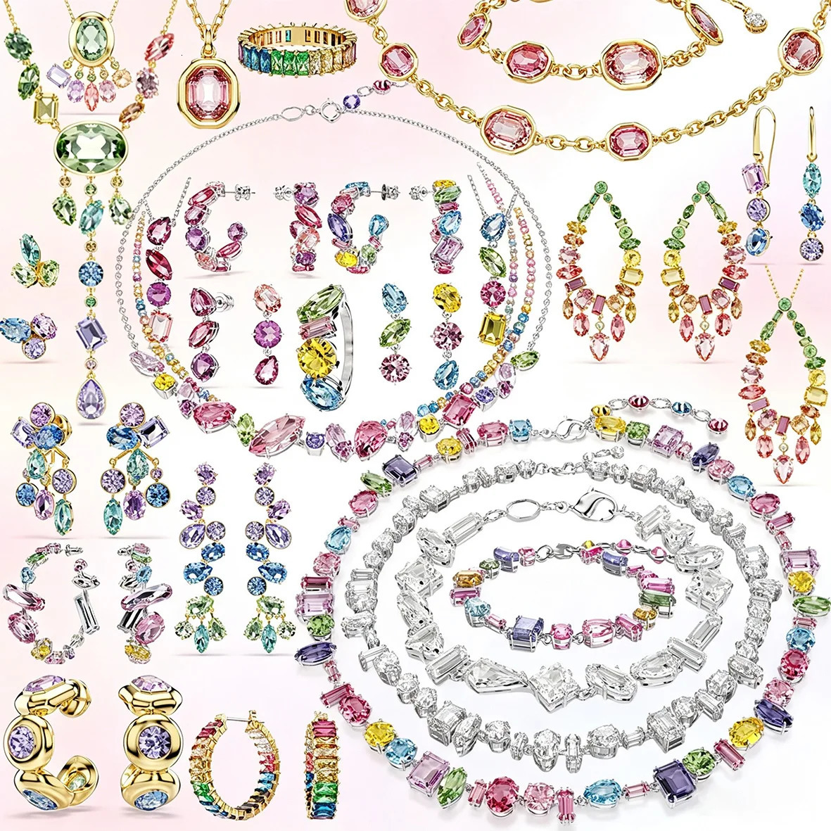 Women Multicolor CZ Jewelry Set Emerald Oval Cut CZ Pendant Necklace Long Dangle Earrings Tennis Chain Bracelet Fashion Rainbow 261017