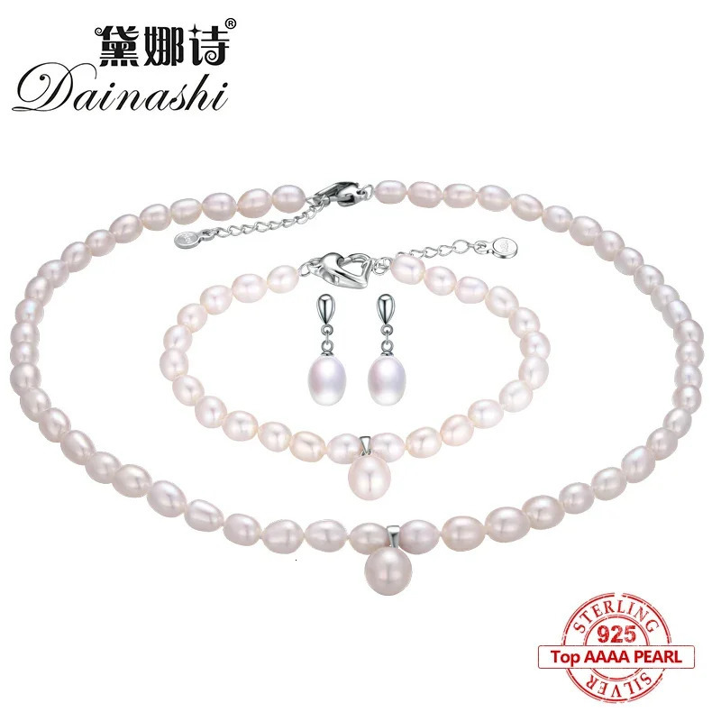 Dainashi 925 Sterling Silver Natural Freshwater Pearl Fine Jewelry for Women Elegant Earrings and Necklace and Bracelet Set 261017