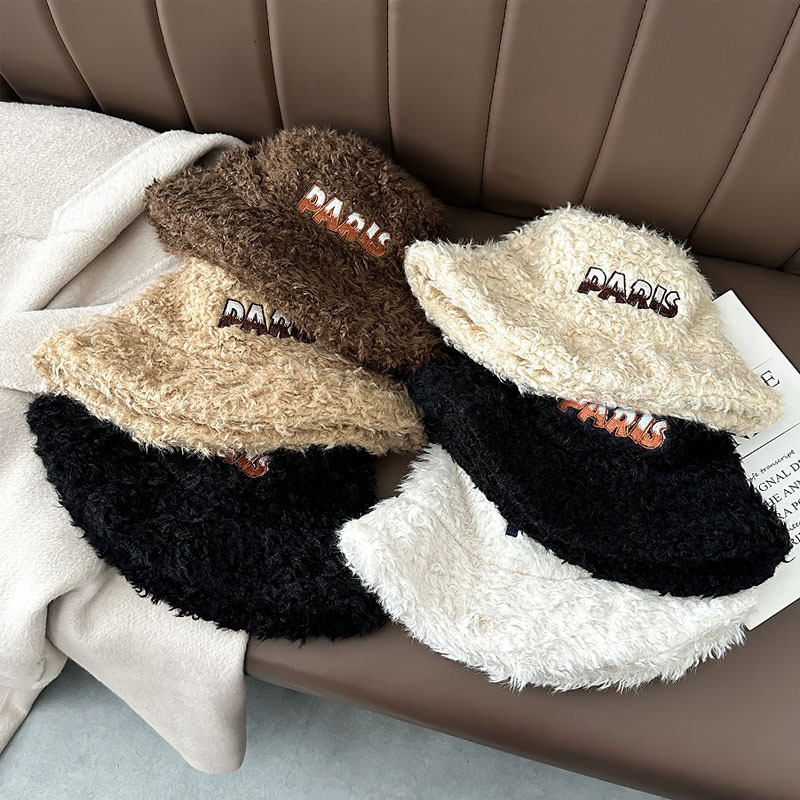Koreanstyle letter plush fisherman for women autumn winter warm and coldresistant large brim faceslimming versatile earprotecting bucket hat