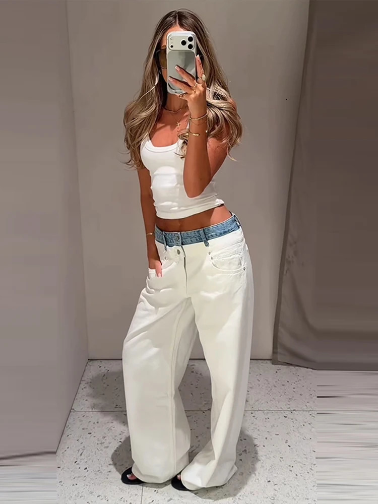 Contrast Denim Pants Women Midi Waist Wide Legs Straight Casual Jeans Female 2026 Autumn Winter Chic Fashion Soft Streetwear 261015