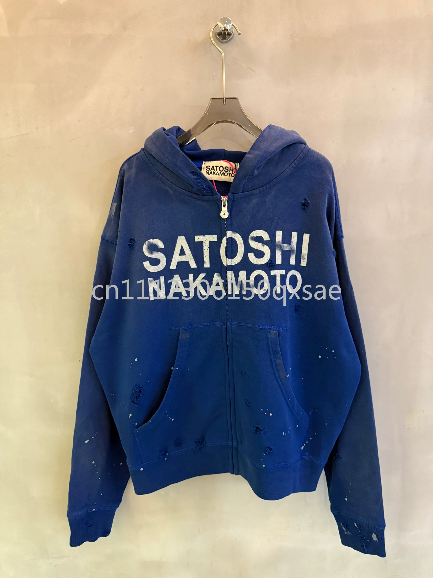 2026 Winter Satoshi Nakamoto Mens Hoodies Retro Splashed Ink Paint Letter Sweaters y Ripped Zipper Hooded Sweatshirts 261017