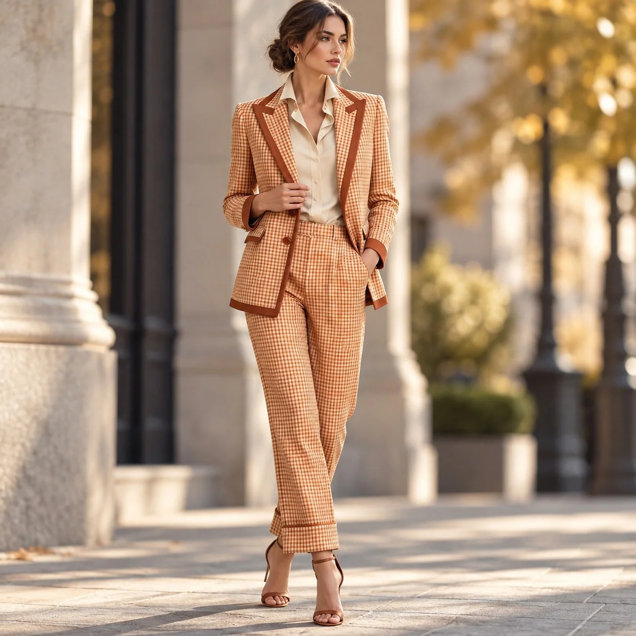 Long Sleeve Pants Set Full Length Chic with Plaid Pattern Elegant Suit Jacket Autumn Women Trouser 261015