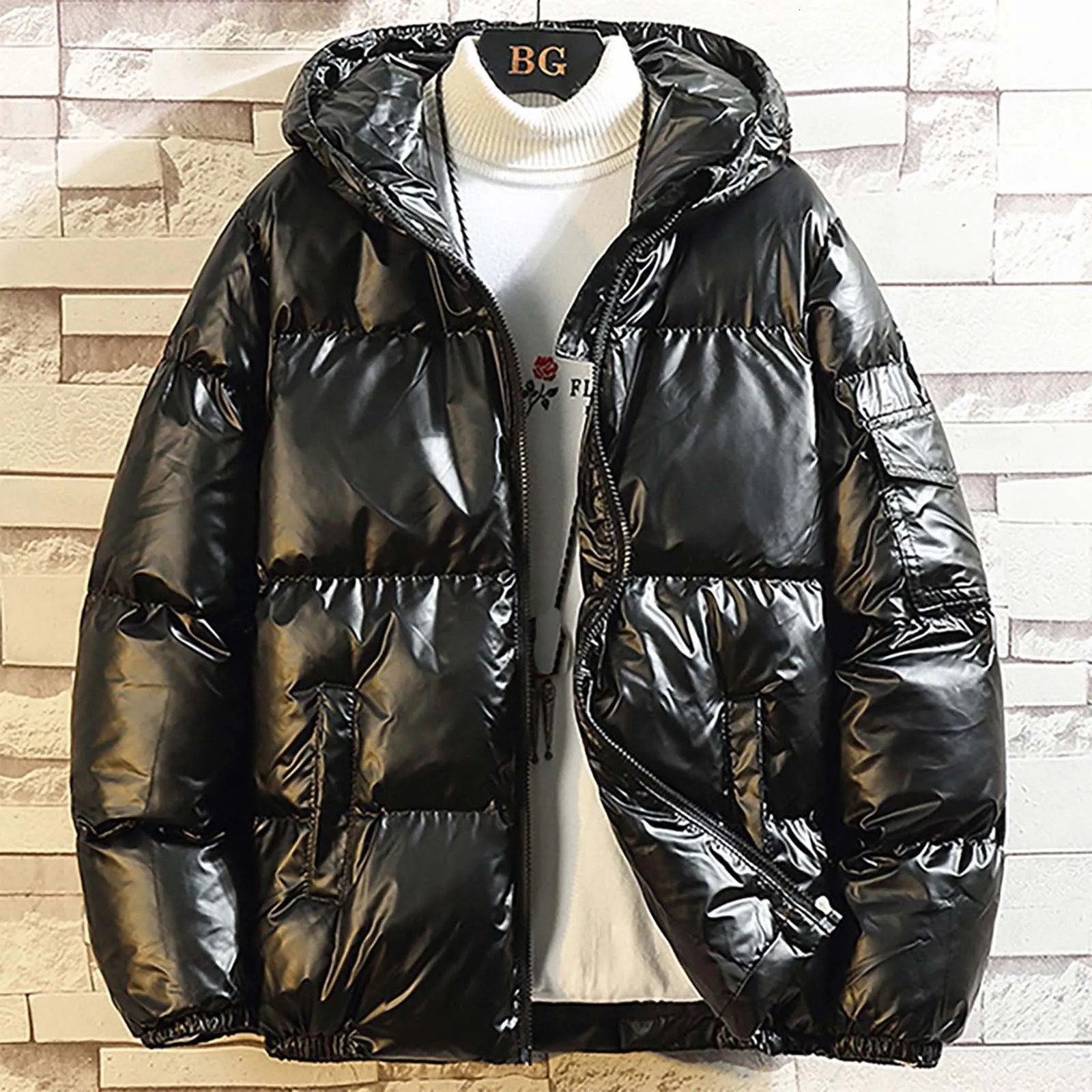 Men's Winter Parkas Solid Color Casual Glossy Warm Down Jacket With Hood Fashion Zipper Fleece Lined Puffer Outwears Jacket 261016